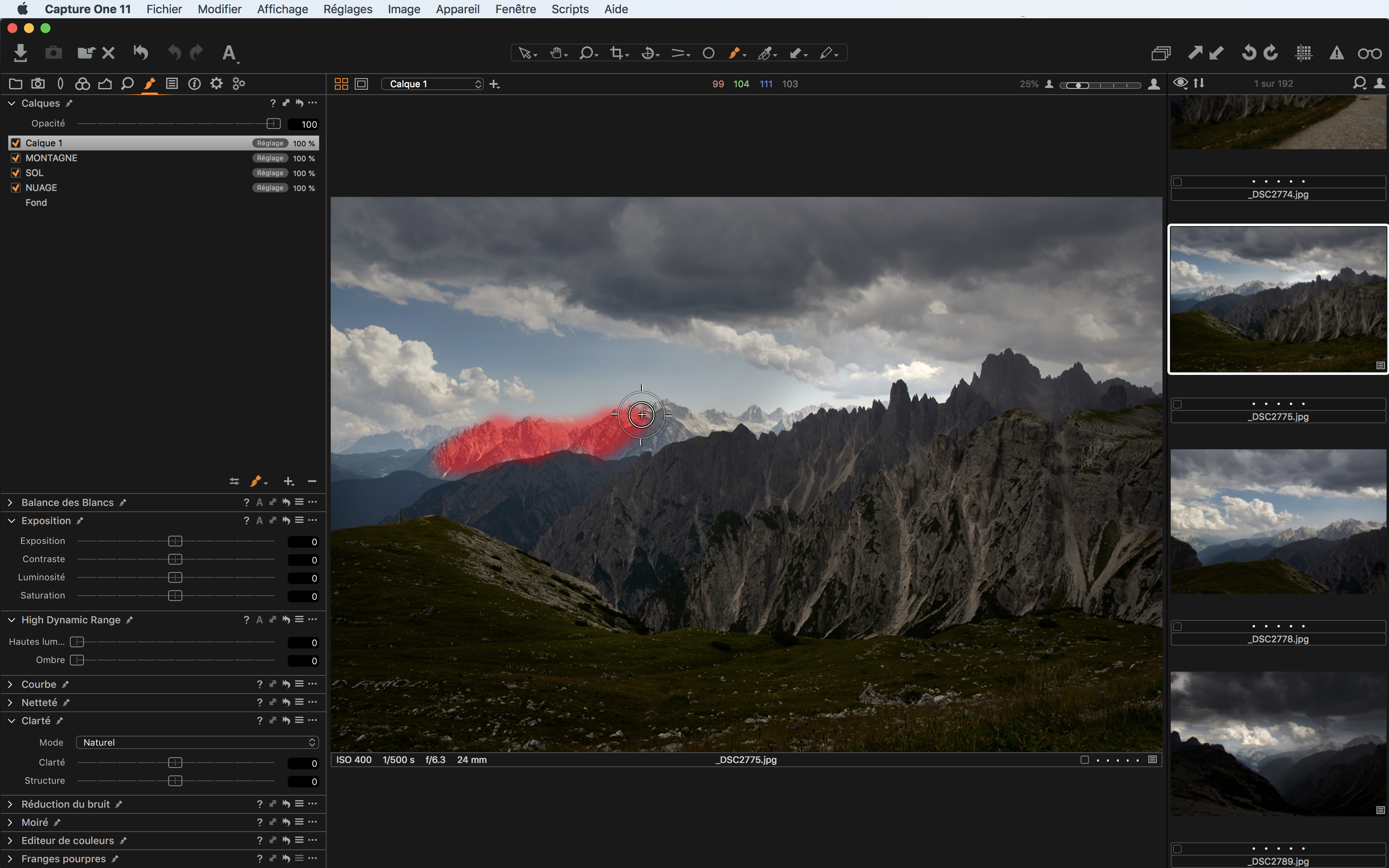 Calques et masque rouge dans Capture One Pro